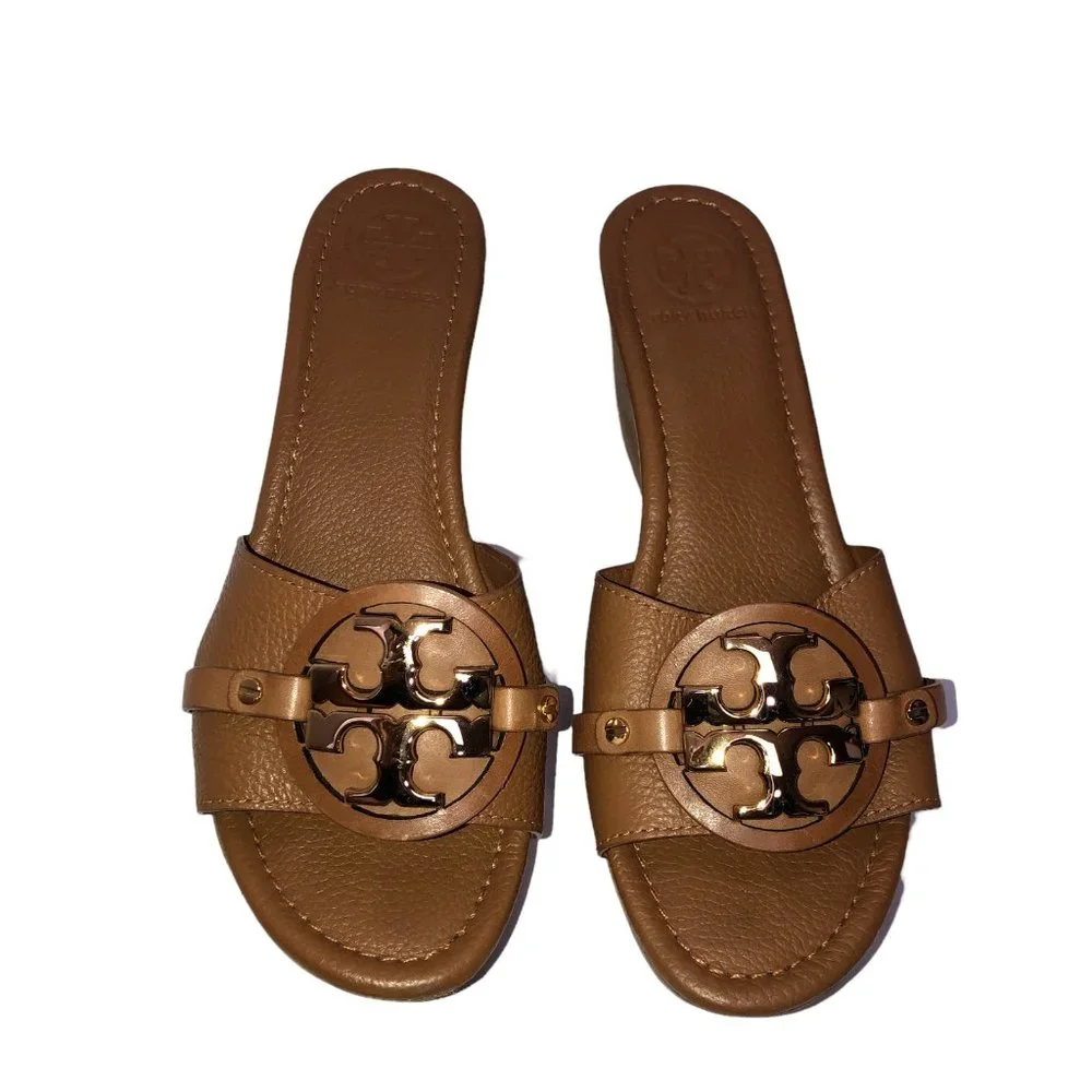 Tory Burch Patti Wedge Sandals Slides Platform Camel Brown Leather Womens 9M 9 - Picture 2 of 12